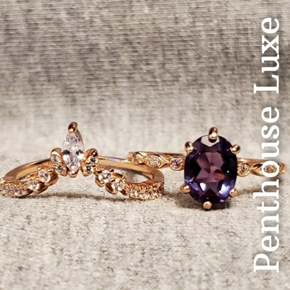 REAL Alexandrite Oval Cut 925 Rose Gold Ring Set - Picture 3 of 6